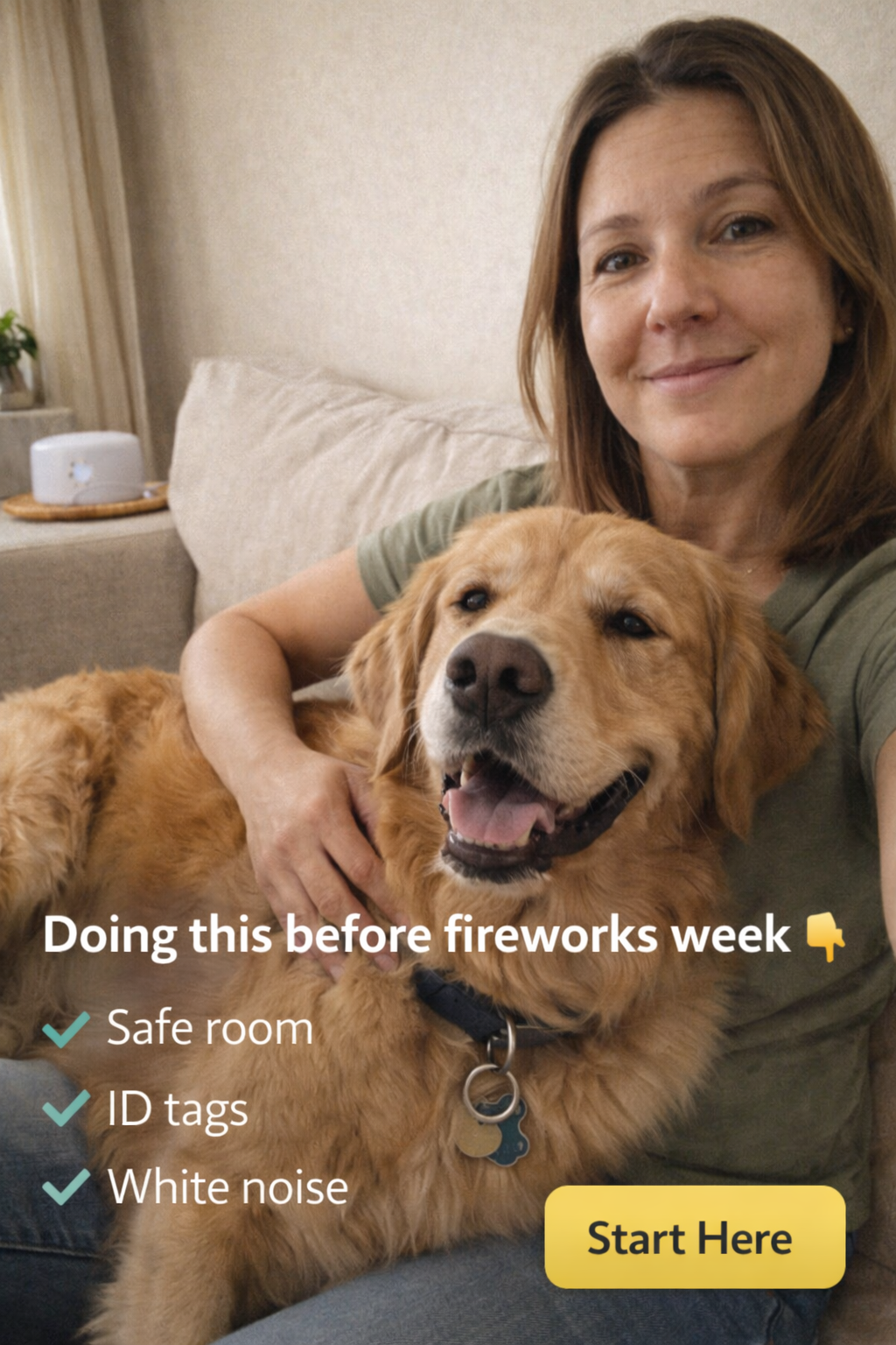 Pet owner with golden retriever preparing for fireworks week
